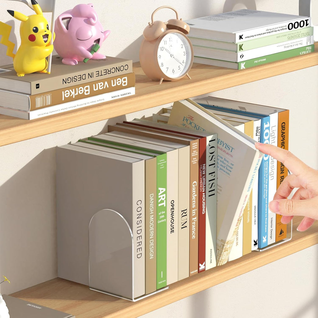 4 Pcs Acrylic Bookends, Clear Book Ends for Heavy Books, Bookend Holders for Shelves, Arch Book Stopper to Hold Books, Decorative Bookends for School, Library, Home, Office