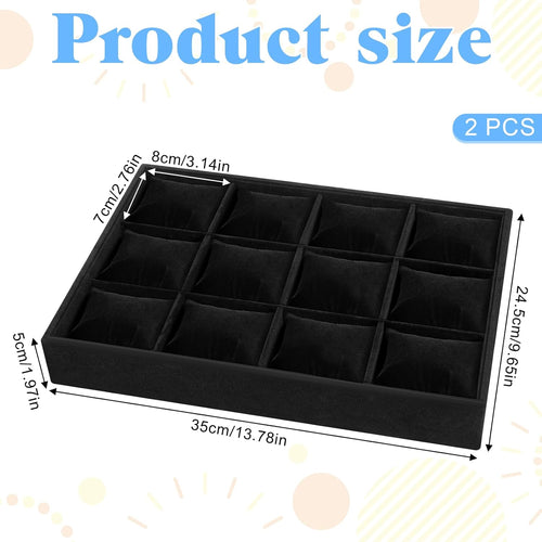 2 PCS Watch Holder Organizer for Men,12 Grid Watches Storage Box with Adjustable Bracelet Pillow, Boxwood Stackable Jewelry Trays, Watch Display for Selling, Women and Men -Black