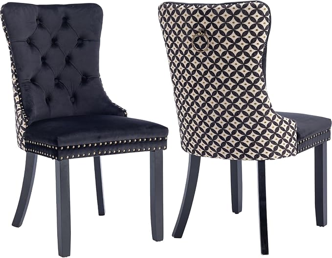 Modern Dining Chairs Set of 2, Tufted Upholstered Dining Chair with Solid Wood Legs, Two-Tone Velvet Accent Chair, Sillas de Comedor, Comfy Kitchen Chairs (Black+Pattern, 2Pcs)