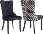 Modern Dining Chairs Set of 2, Tufted Upholstered Dining Chair with Solid Wood Legs, Two-Tone Velvet Accent Chair, Sillas de Comedor, Comfy Kitchen Chairs (Black+Pattern, 2Pcs)