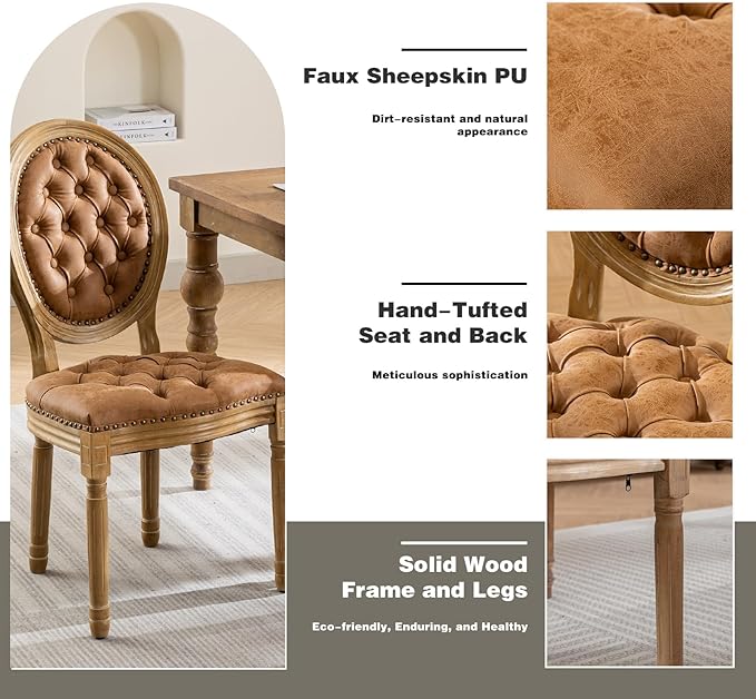 French Country Dining Chairs Set of 2, Caramel Kitchen & Dining Room Chairs, Faux Leather Kitchen Chairs, Tufted Upholstered, Wood Legs, Sillas De Comedor (PU, Amber, 2Pcs)