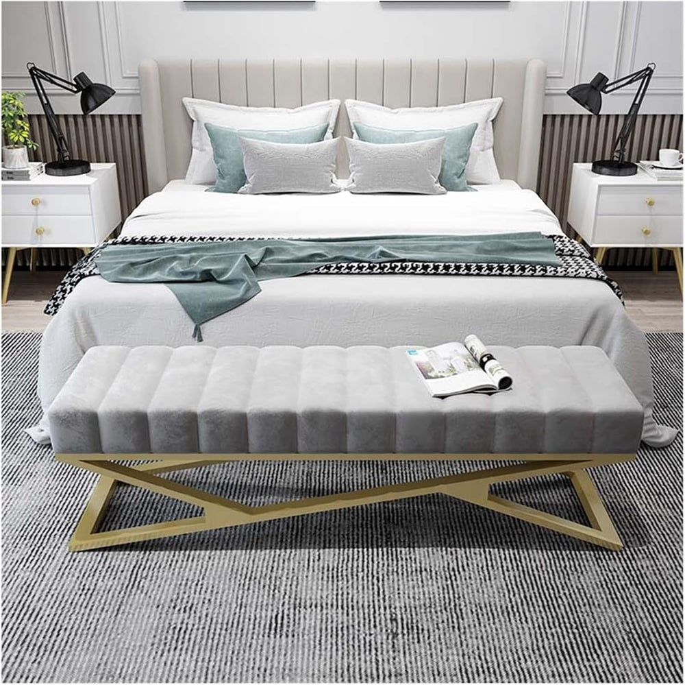 Modern Bedroom Bench, End Bed Ottoman with Golden Metal Legs, Upholstered Ent...