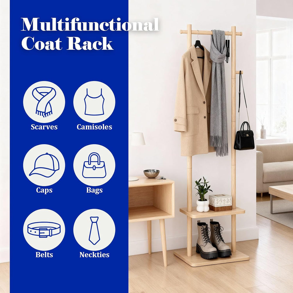 Wooden Coat Rack Freestanding,Hall Tree with Sturdy Base,Clothing Rack for Ha...