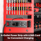 Large Power Tool Organizer Wall Mount with Charging Station,4 Layer Heavy Duty Metal Tool Storage Shelf Loads 600lbs,Battery Utility Rack With 4 Outlet Power Strip with 8 Cordless Drill Holder