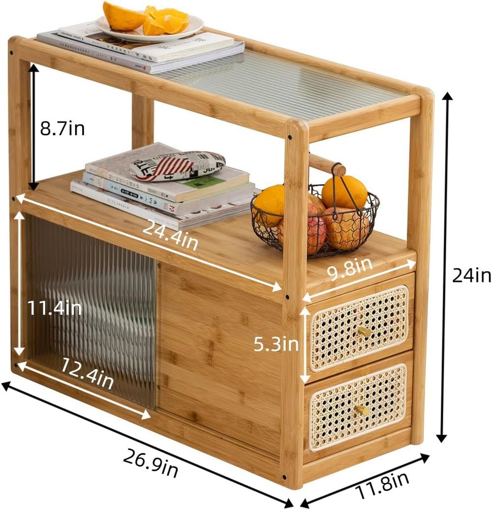 Bamboo & Rattan Side Table with Glass Top – 2-in-1 End Table and Bedside ...