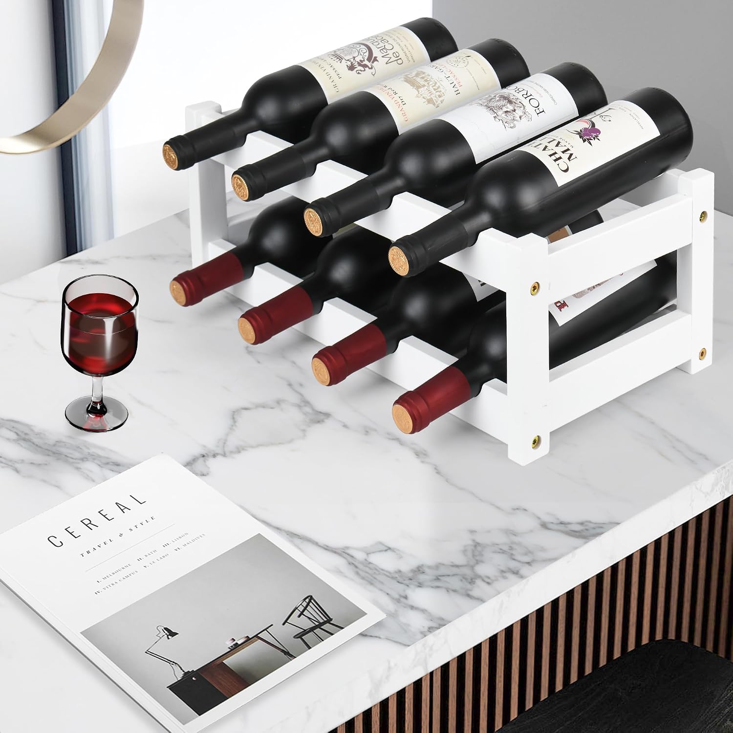 VASMIA Wine Rack, 2-Tier Bamboo Wine Racks Countertop Cabinet Wine Holder Wine Storage Shelf for Pantry Kitchen Bar, White