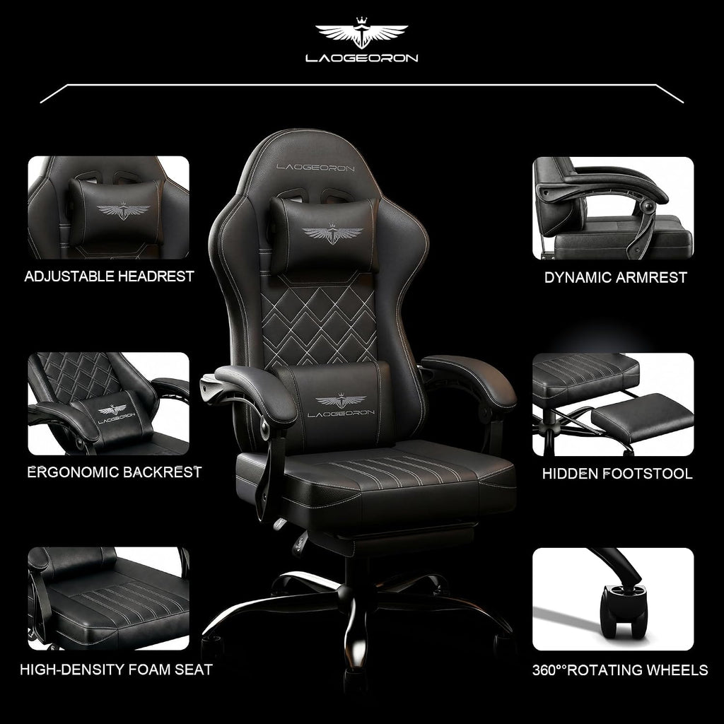 Ergonomic Gaming Chair with Retractable Footrest, High Back Video Game Chairs Computer Gaming Chairs with Headrest and Lumbar Support 400 lbs Linked Armrests Adult Chair (Black)