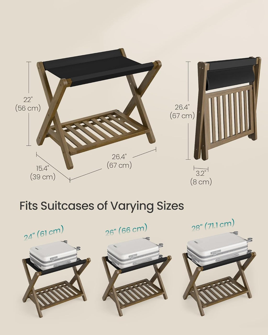 SONGMICS Bamboo Luggage Rack, Foldable Suitcase Stand, Luggage Holder with Storage Shelf, PU Synthetic Leather, Fully Assembled, for Guest Room, Hotel, Bedroom, Walnut Brown URLR030KZ01