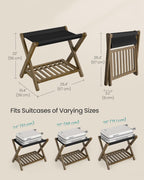 SONGMICS Bamboo Luggage Rack, Foldable Suitcase Stand, Luggage Holder with Storage Shelf, PU Synthetic Leather, Fully Assembled, for Guest Room, Hotel, Bedroom, Walnut Brown URLR030KZ01