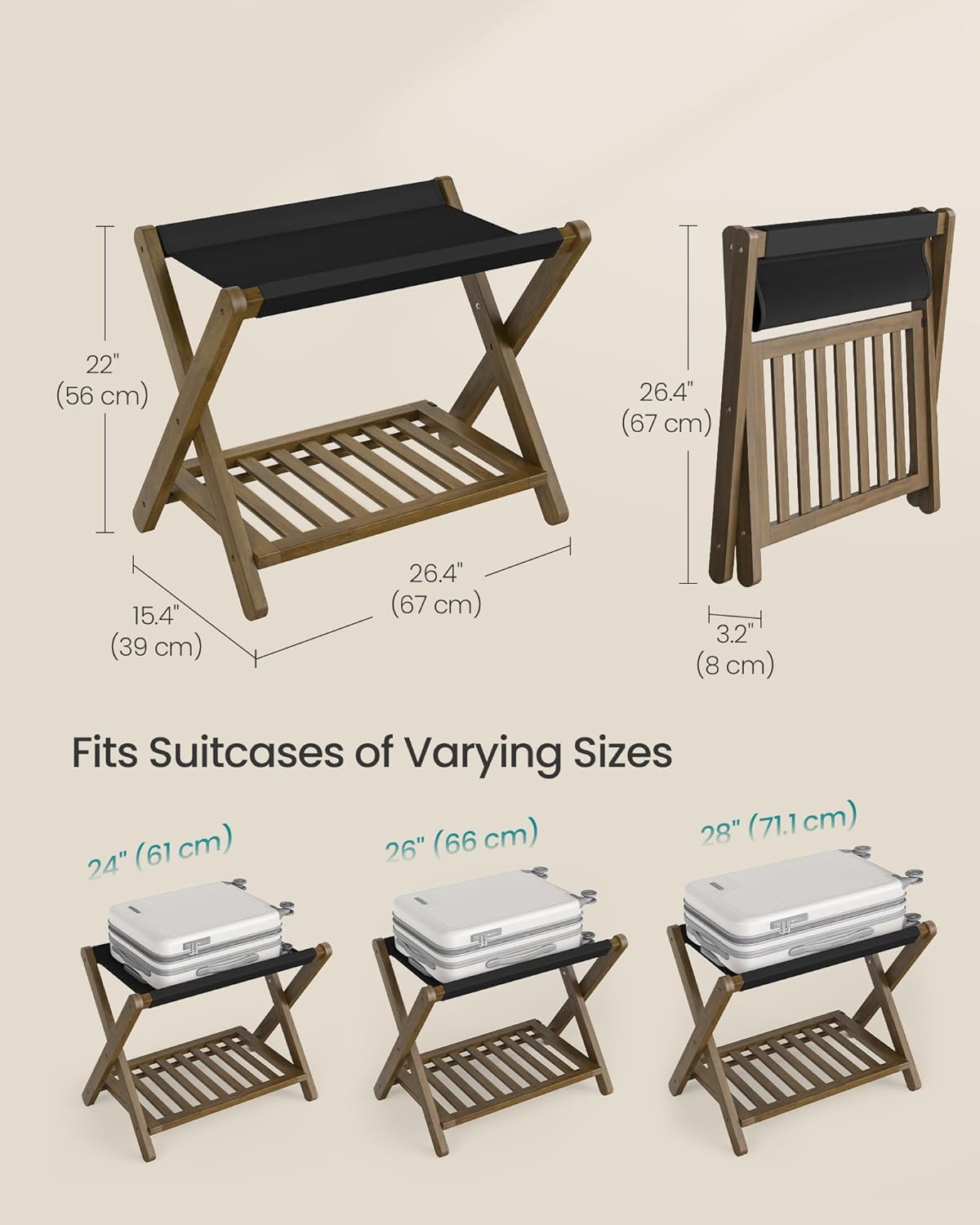 SONGMICS Bamboo Luggage Rack, Foldable Suitcase Stand, Luggage Holder with Storage Shelf, PU Synthetic Leather, Fully Assembled, for Guest Room, Hotel, Bedroom, Walnut Brown URLR030KZ01