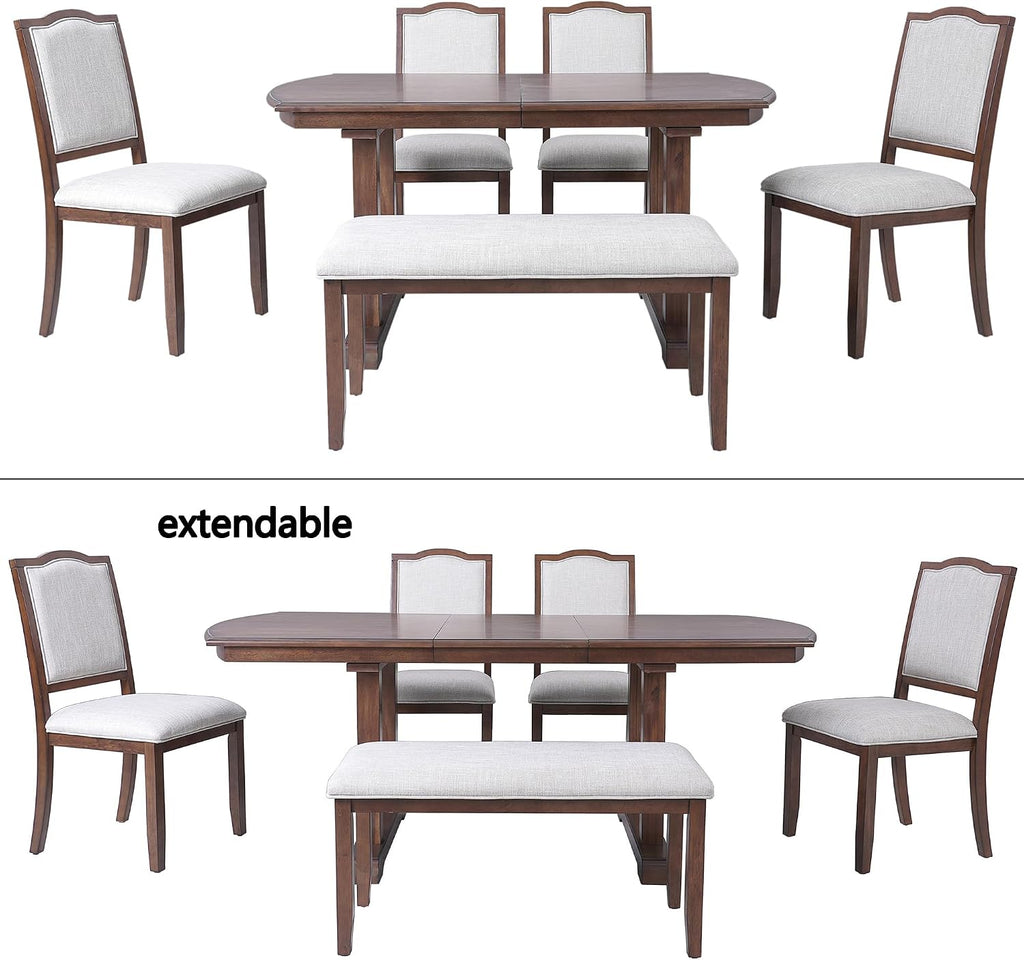 P PURLOVE 6 Piece Dining Table Set, 60inch to 78inch Extendable Wood Kitchen Table with Removable Leaf, 4 Upholstered Side Chair and 1 Bench for 6 (Cherry)
