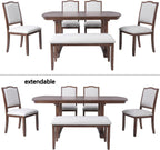 P PURLOVE 6 Piece Dining Table Set, 60inch to 78inch Extendable Wood Kitchen Table with Removable Leaf, 4 Upholstered Side Chair and 1 Bench for 6 (Cherry)