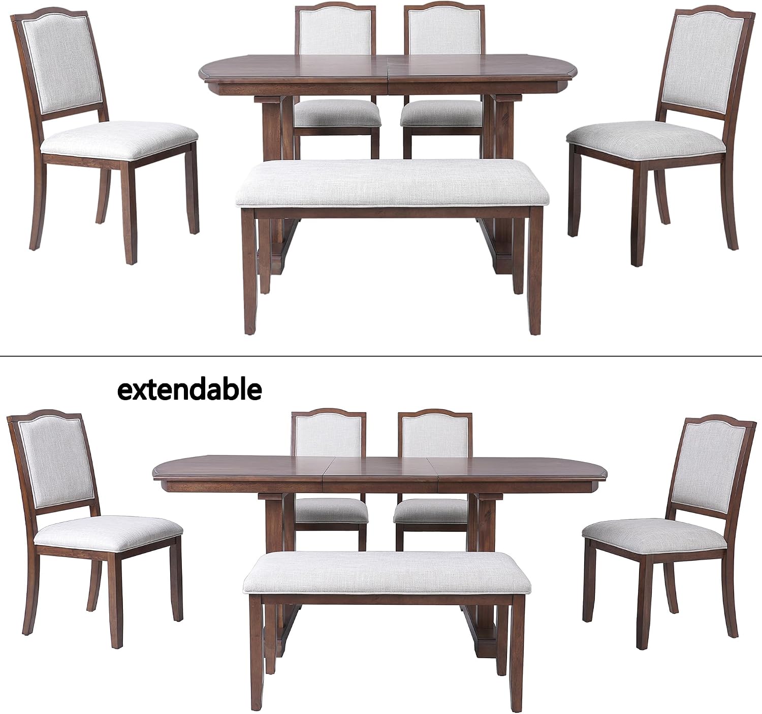 P PURLOVE 6 Piece Dining Table Set, 60inch to 78inch Extendable Wood Kitchen Table with Removable Leaf, 4 Upholstered Side Chair and 1 Bench for 6 (Cherry)