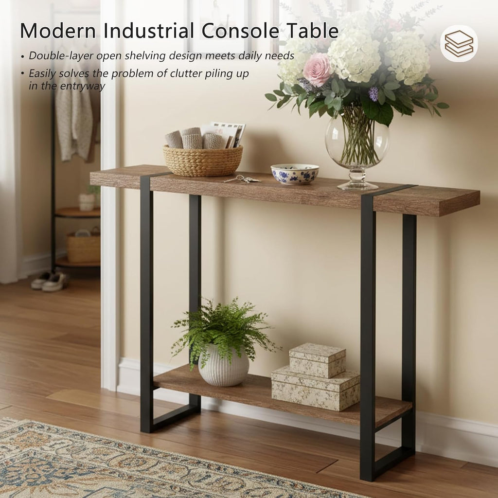 Narrow Console Table, 1.8" Thick Solid Wood Entryway Table for Small Spaces, Heavy Duty 2-Tier Sofa Table, Industrial Metal Frame Hallway, Accent Table for Entrance, Living Room
