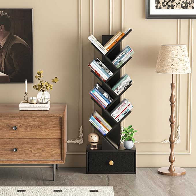 8 Tier Tree Bookshelf with Drawer, Free Standing Wood Bookcase for Living Roo...