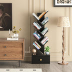 8 Tier Tree Bookshelf with Drawer, Free Standing Wood Bookcase for Living Room, Bedroom, Home Office, Space Saving Storage Organizer Bookshelves for Books, CDs, Vinyl Records- Black
