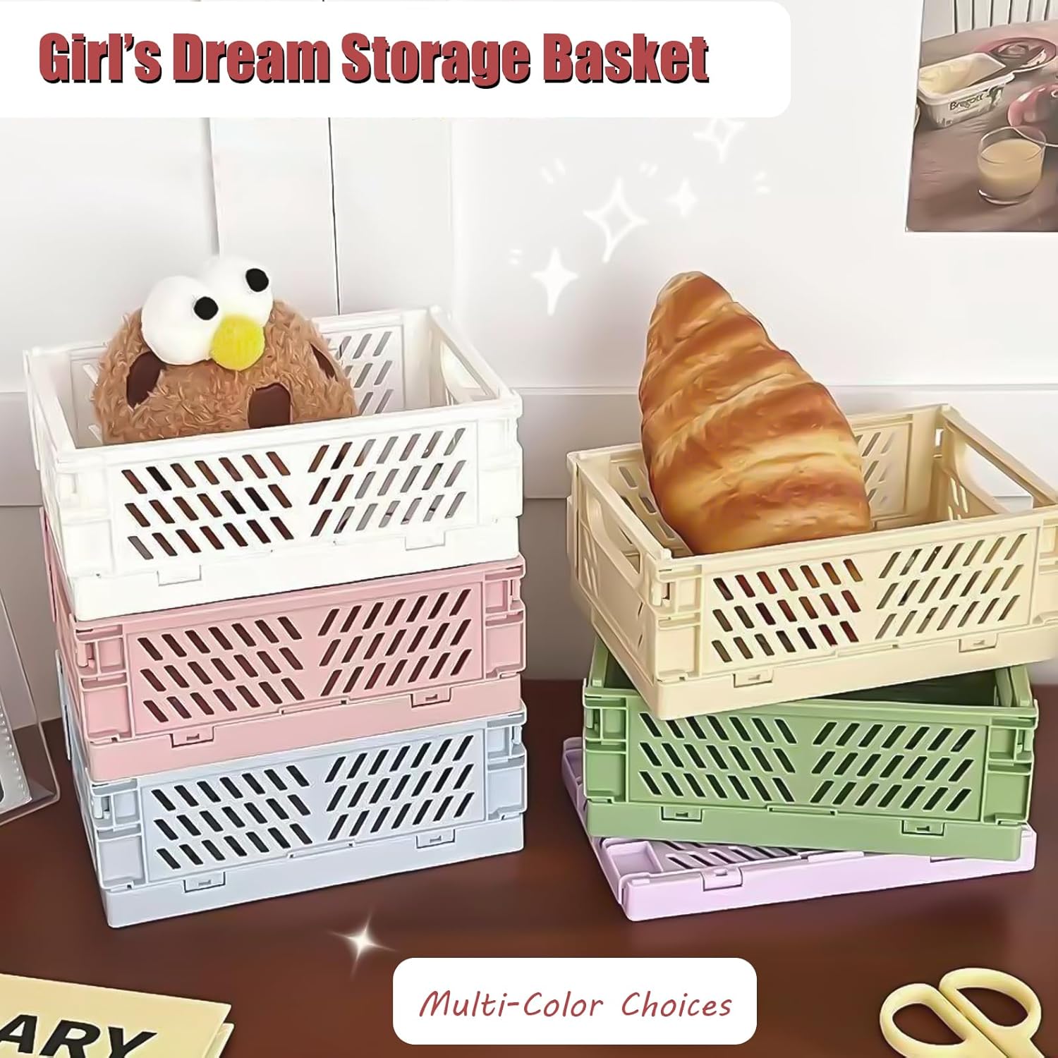 Small Pastel Plastic Storage Bins 2Pcs Foldable Pastel Crates Plastic Basket Colorful Storage Containers Baskets for Classroom Kitchen Office Bedroom Desktop Home Decor (Yellow 5.8" x 3.8" x 2.2")
