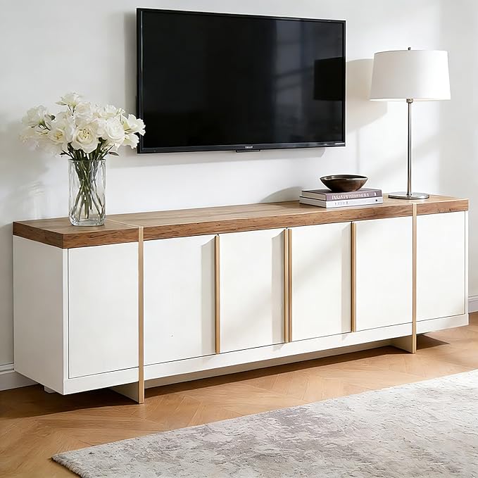 OKD Modern 70" TV Stand,Entertainment Center for TVs Up to 80",TV Console with Storage,Integrated Plinth,Handle-Free Hidden Doors Design,Media Console for Living Room,Bedroom(Antique White)