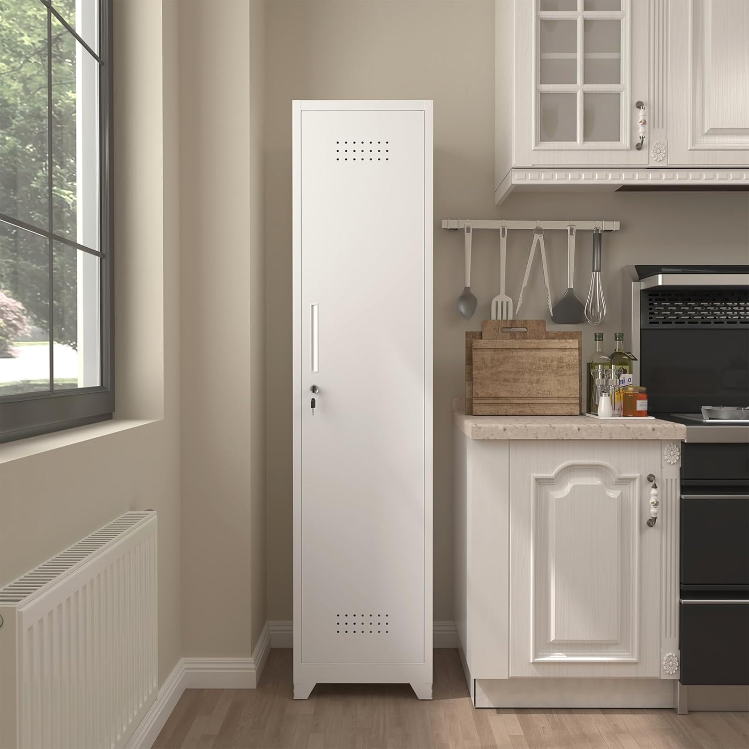 Slim Broom Storage Cabinets, Metal Cabinet with Shelves and Hanging Rod, 65" Utility Storage Cabinet with Locking Door, Tall Cleaning Cabinets for Kitchen, Pantry, Office, Shop, Garage