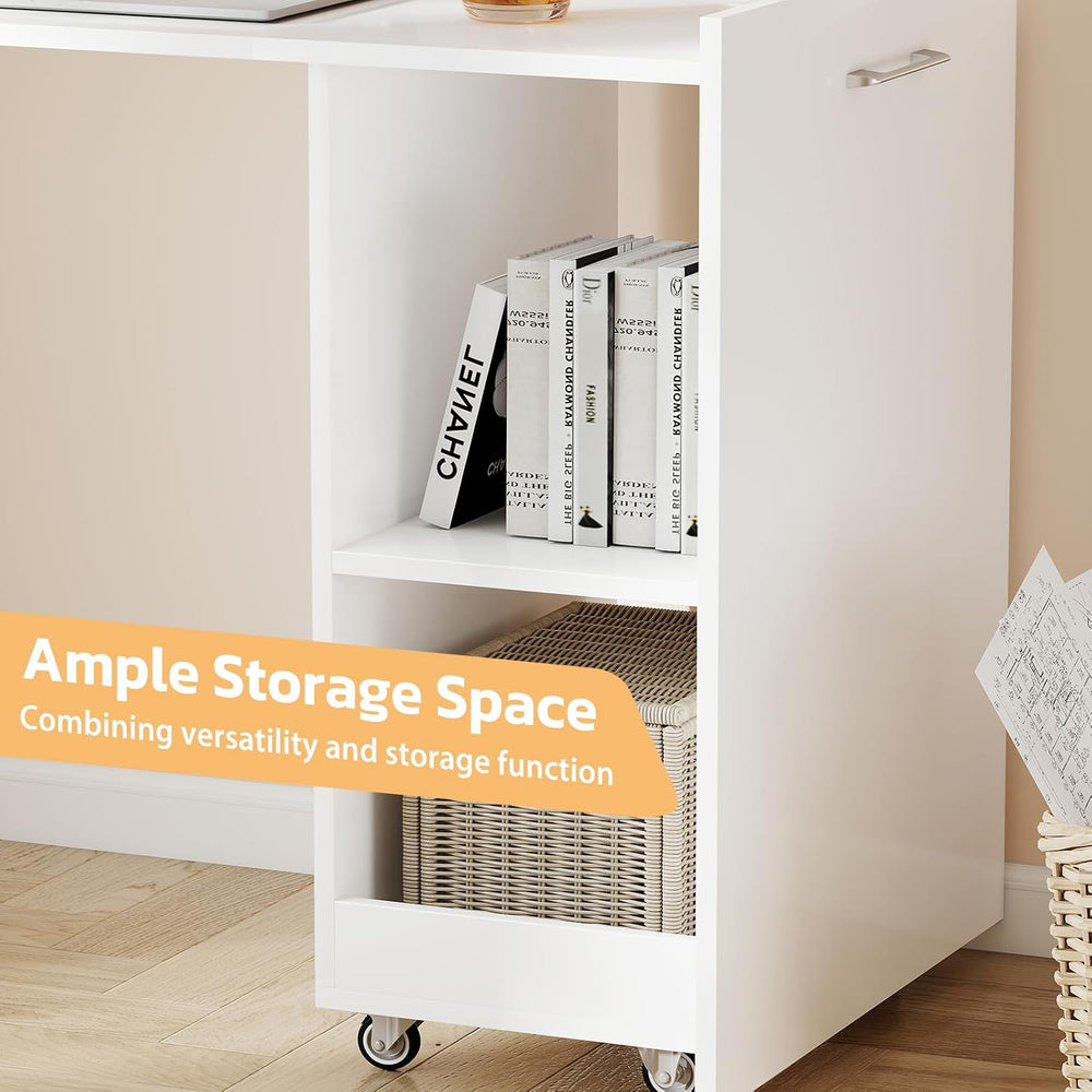 Zevemomo Folding Desk, Convertible Table with Shelves & Wheels - White