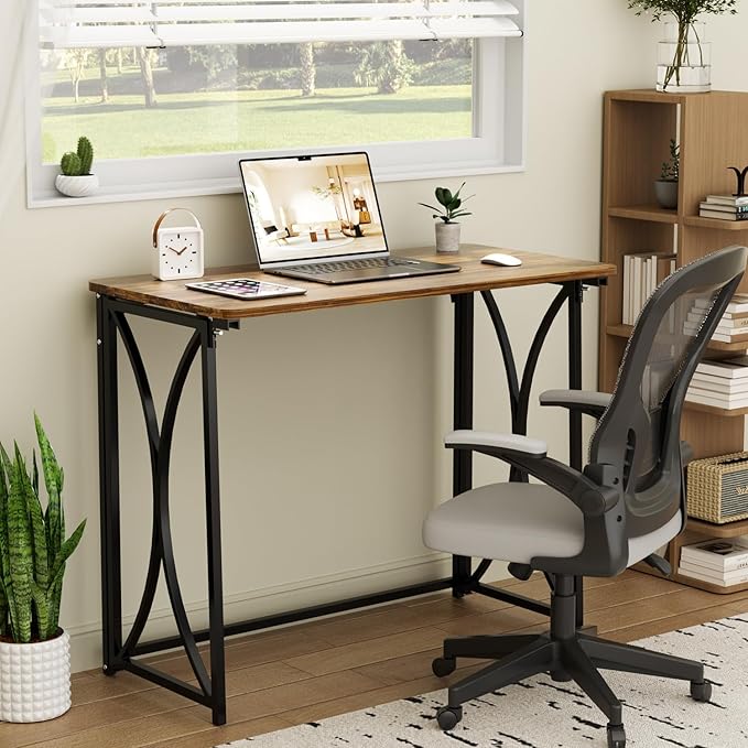 Folding Desk, 31.5" Small Desk for Bedroom, Space Saving Foldable Computer Desk for Home Office, Easy Assembly, Brown