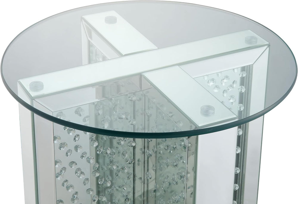 Nysa Modern 21" Round Mirrored End Table with Faux Crystal Inlay, Glam X...