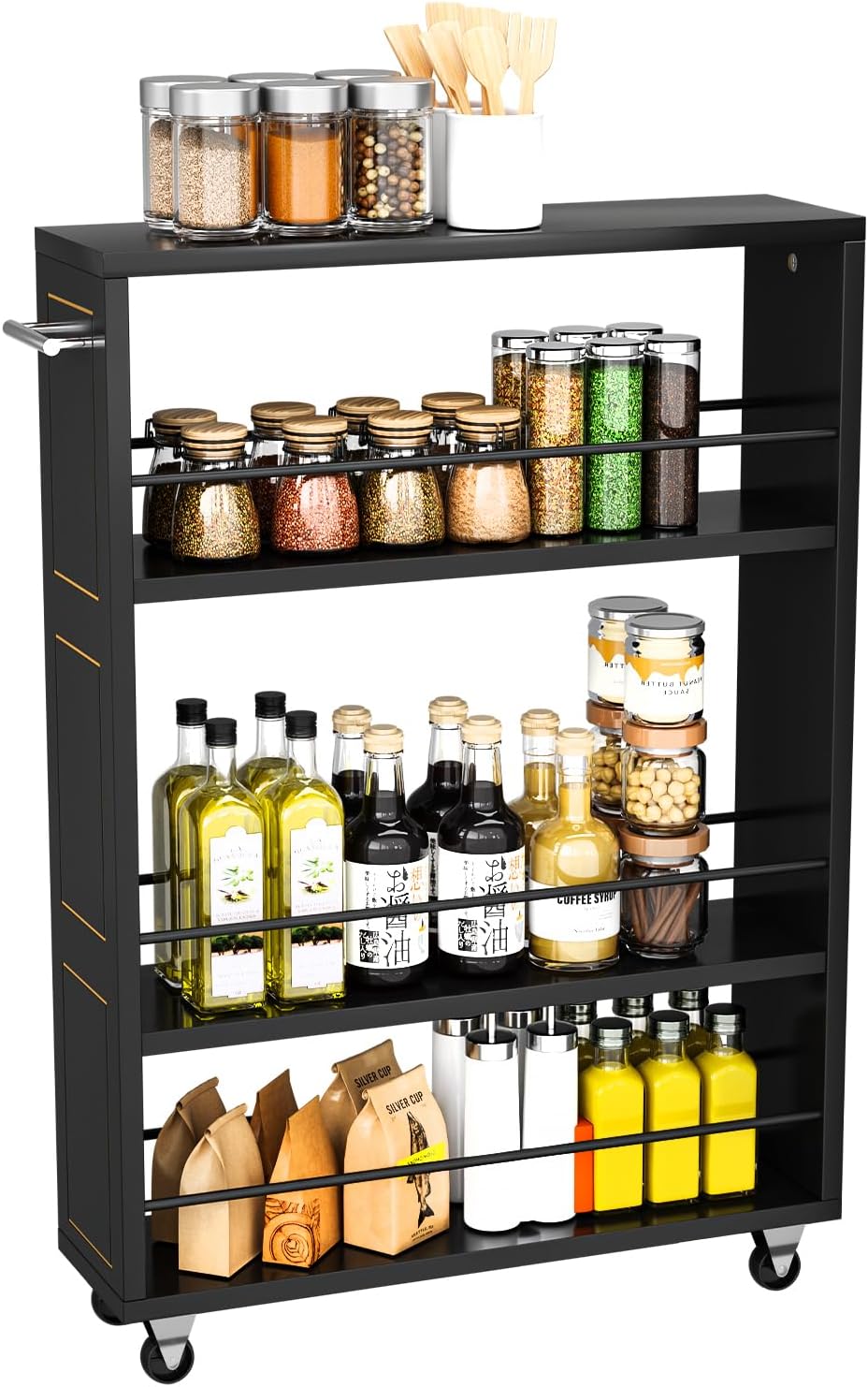 KLM 4 Tier Black Slim Storage Cart with Handle, Slide Out Storage Rolling Utility Cart for Kitchen, Laundry, Narrow Places-6.7" W