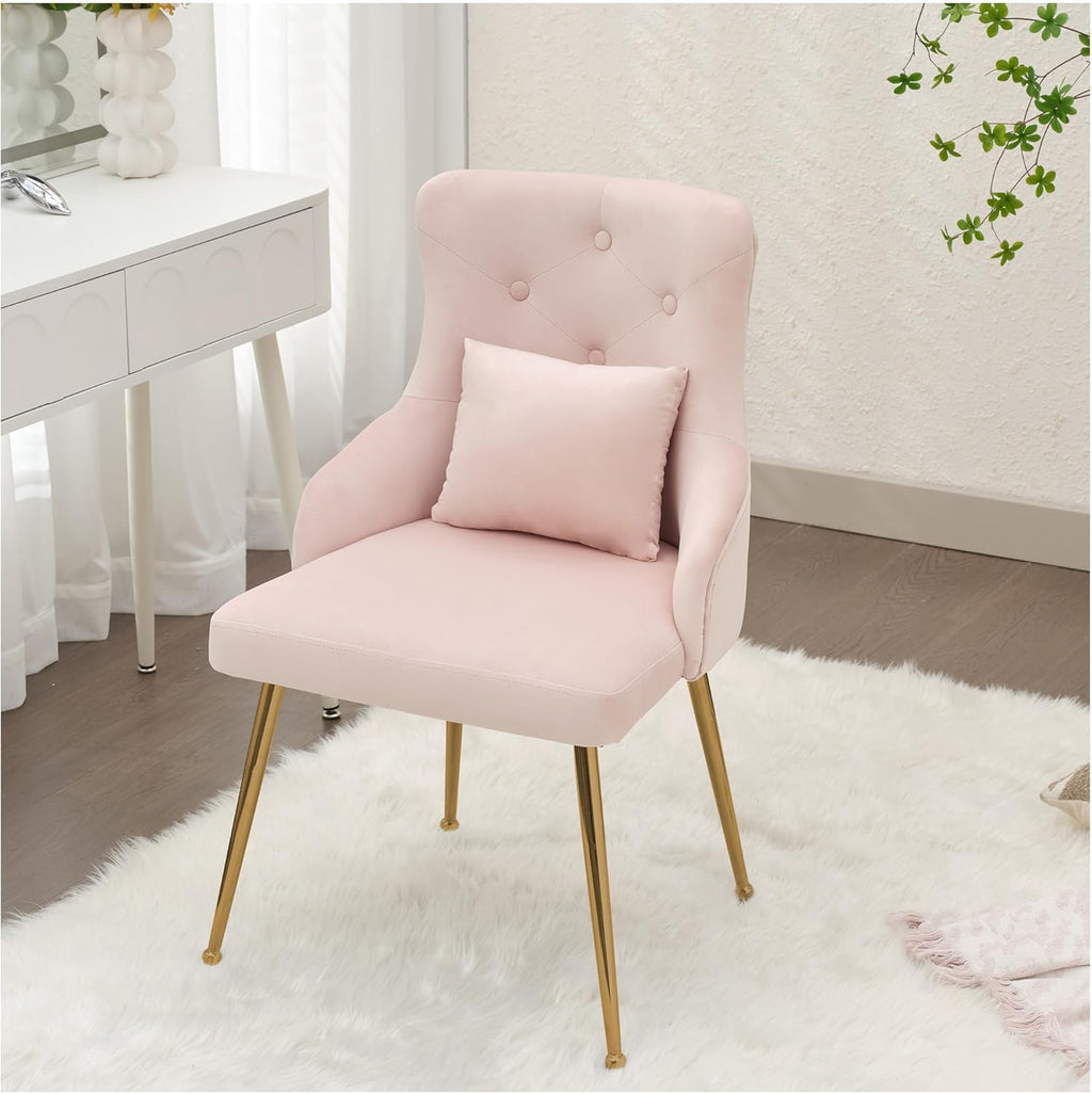 Velvet Vanity Chairs with Back, Upholstered Makeup Chair No Wheels with Metal Legs & Lumbar Pillow for Living Room/Makeup Room/Bedroom/Home Office/Kitchen