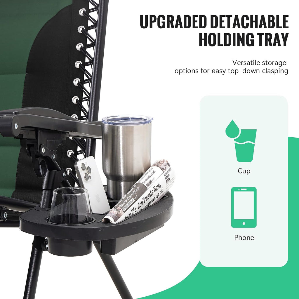 JEAREY Oversized Padded Zero Gravity Chairs, Folding Lounge Chair Outdoor Patio Recliner, Anti Gravity Chair for Backyard with Headrest, Cup Holder, Side Tray, Polyester Mesh - Black/Dark Green