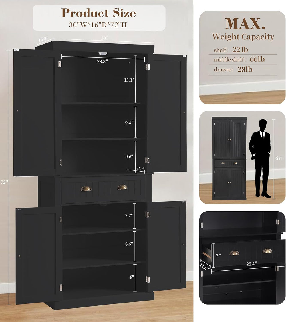 KIGOTY 72" Tall Kitchen Pantry Cabinet with Drawer and 4 Adjustable Shel...