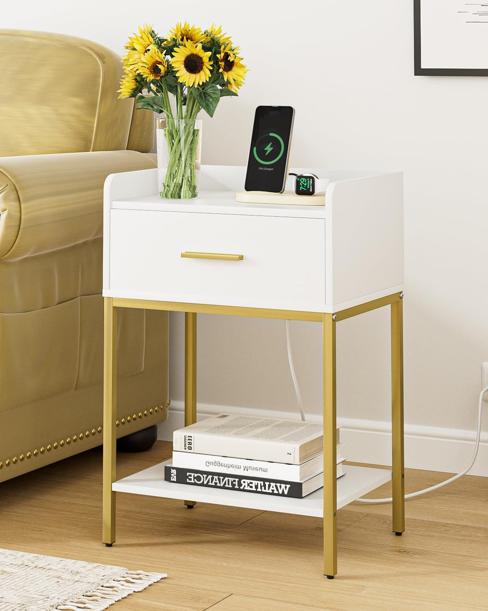 Masupu Nightstand with Charging Station,3-Tier Modern Bedside Night Stand wit...