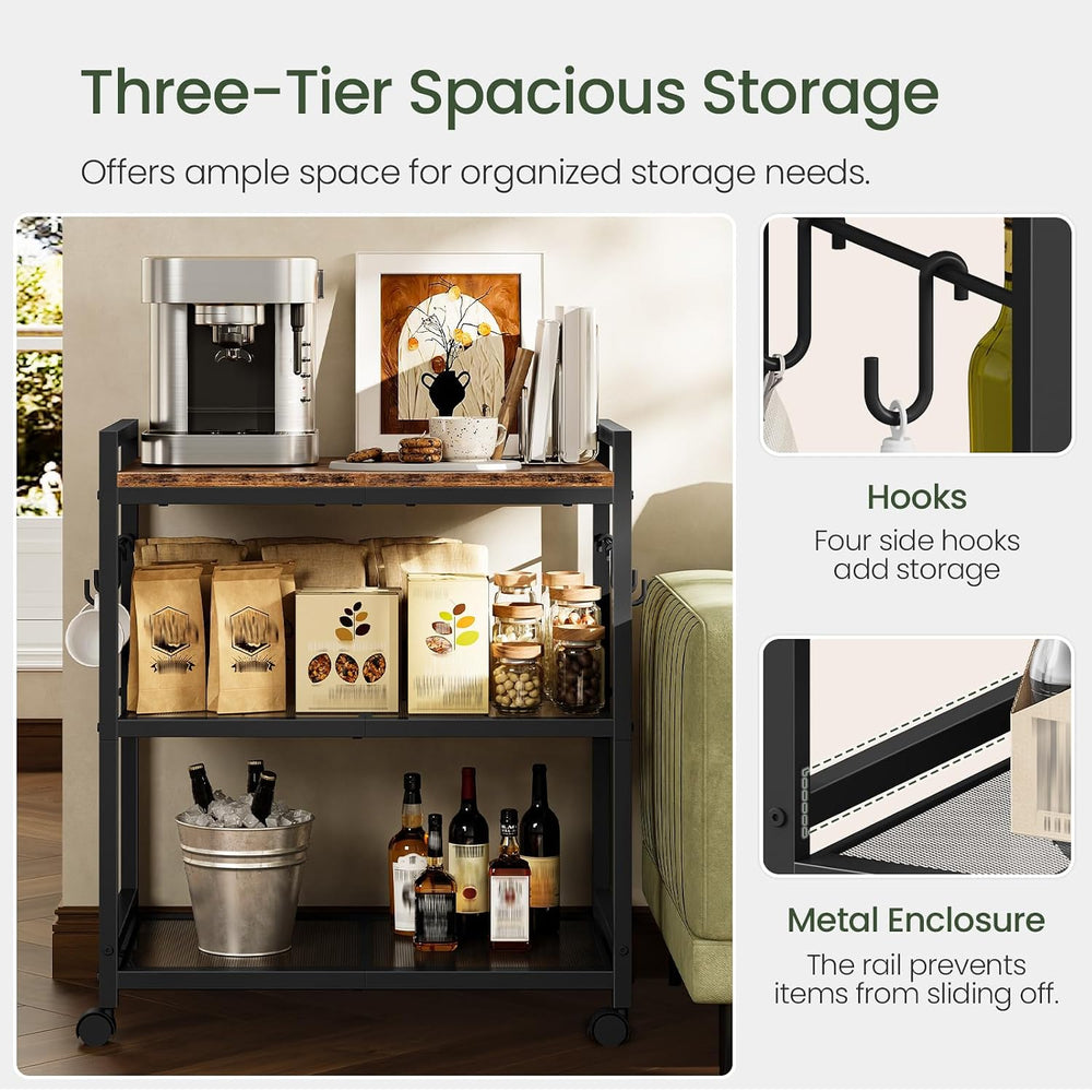 CHOEZON 3-Tier Rolling Bar Cart, Vintage Metal Kitchen Cart with Wheels, Mobi...