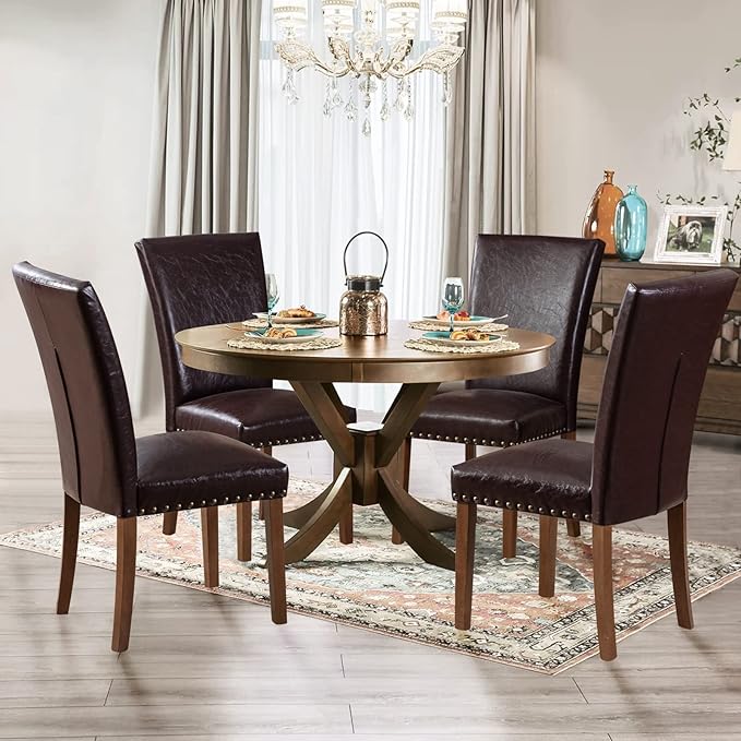 Parsons Dining Chairs Set of 2, Upholstered Nailhead PU Leather Dining Room Kitchen Side Chair with Thick Cushions and Wood Legs, Dark Brown