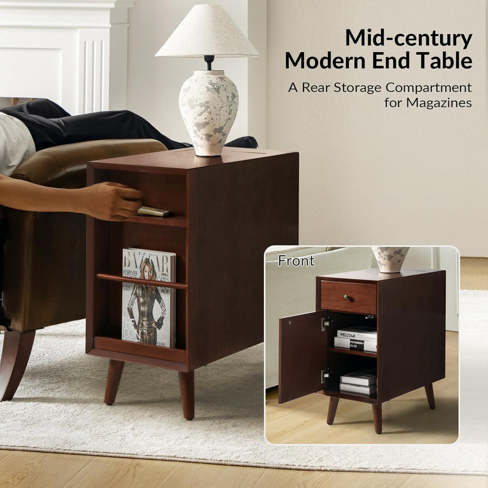 Mid Century Modern End Table with Charging Station, Wooden Side Table with US...