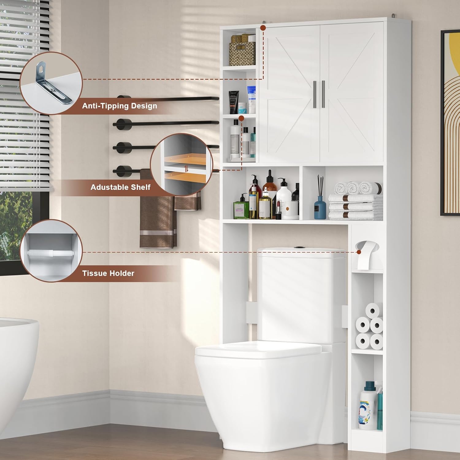 Winkalon Over The Toilet Storage Cabinet with 2 Barn Doors and Adjustable Shelves, Freestanding Toilet Shelf Organizer with Toilet Paper Holder, Space Saver for Bathroom, Restroom, Laundry