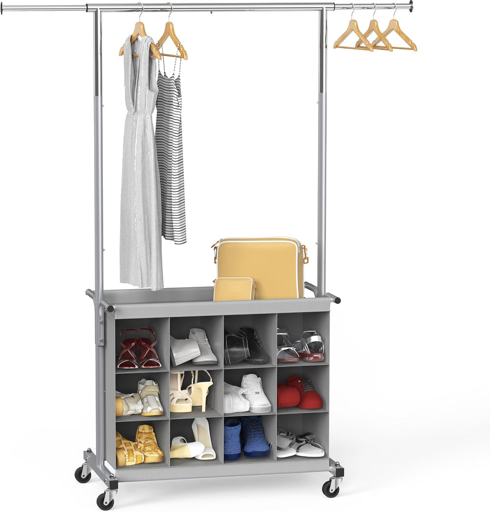 Simple Houseware Garment Rack w/Extensible Hanging Rod & 12 Cubes, Grey