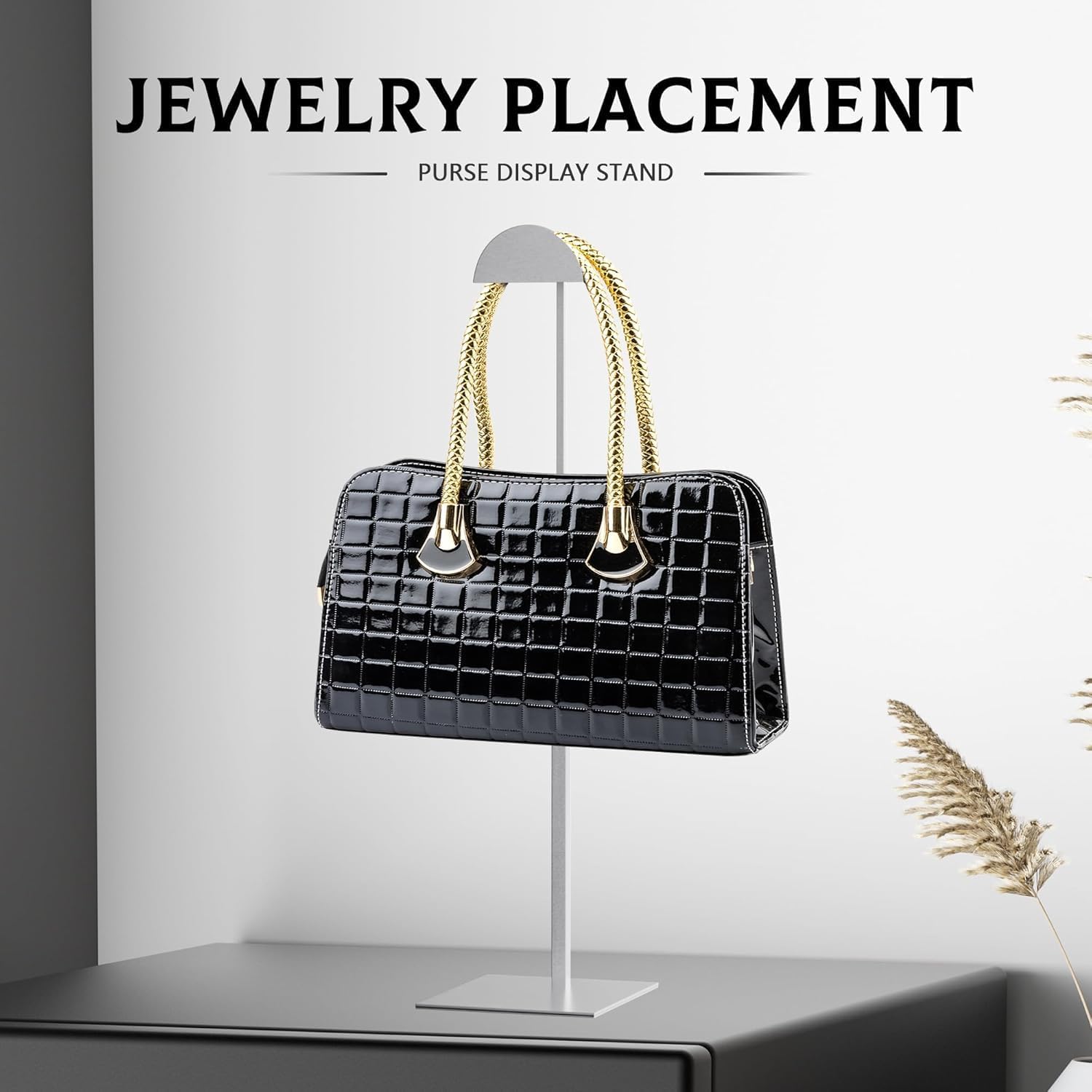 Purse Display Stand Adjustable Height Silver Purse Rack for Handbags Necklaces Scarves Hats & Headphones 14" - 24" Purse Hanger Shelf for Retail Display