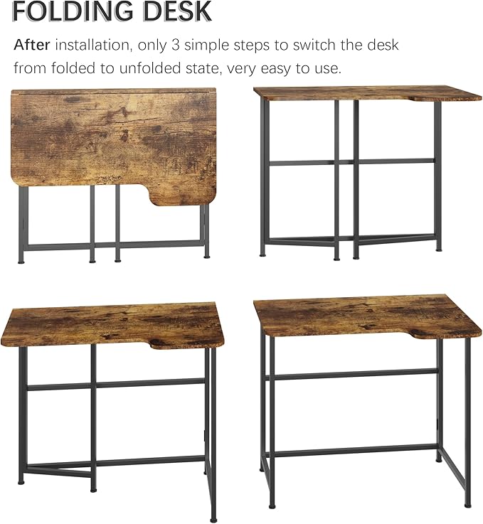 4NM Folding Desk, 35.4 Inch Small Foldable L Desk for Small Spaces, Space Saving Computer Table Writing for Home Office Bedroom, Easy Assembly, Rustic Brown