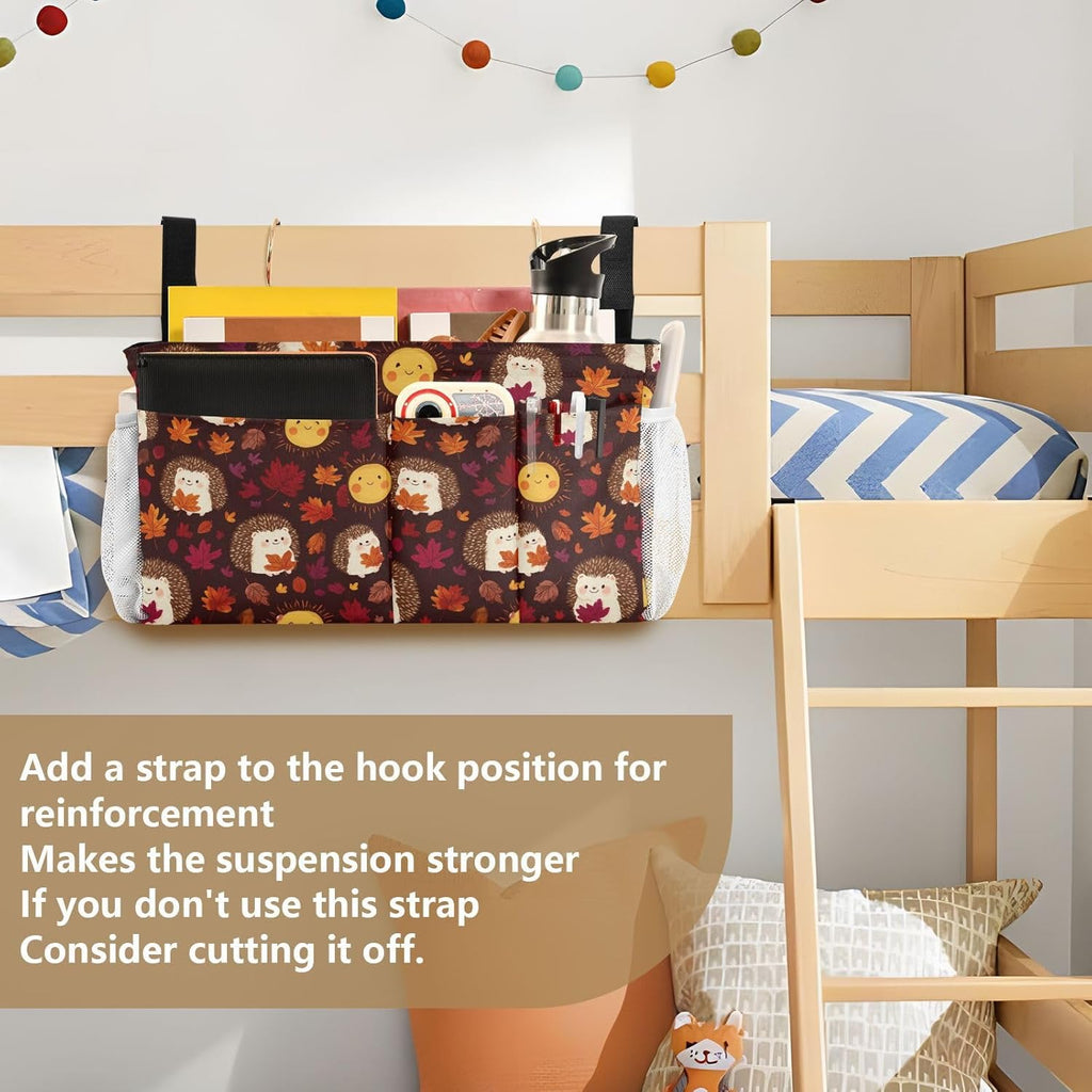Autumn Leaves Sun Hedgehogs Brown Bedside Caddy for Dorm Bed Bedside Hanging Caddy Bag Iron Frame Storage Organizer Pocket for Bunk Home College Hospital Beds 2 Hooks