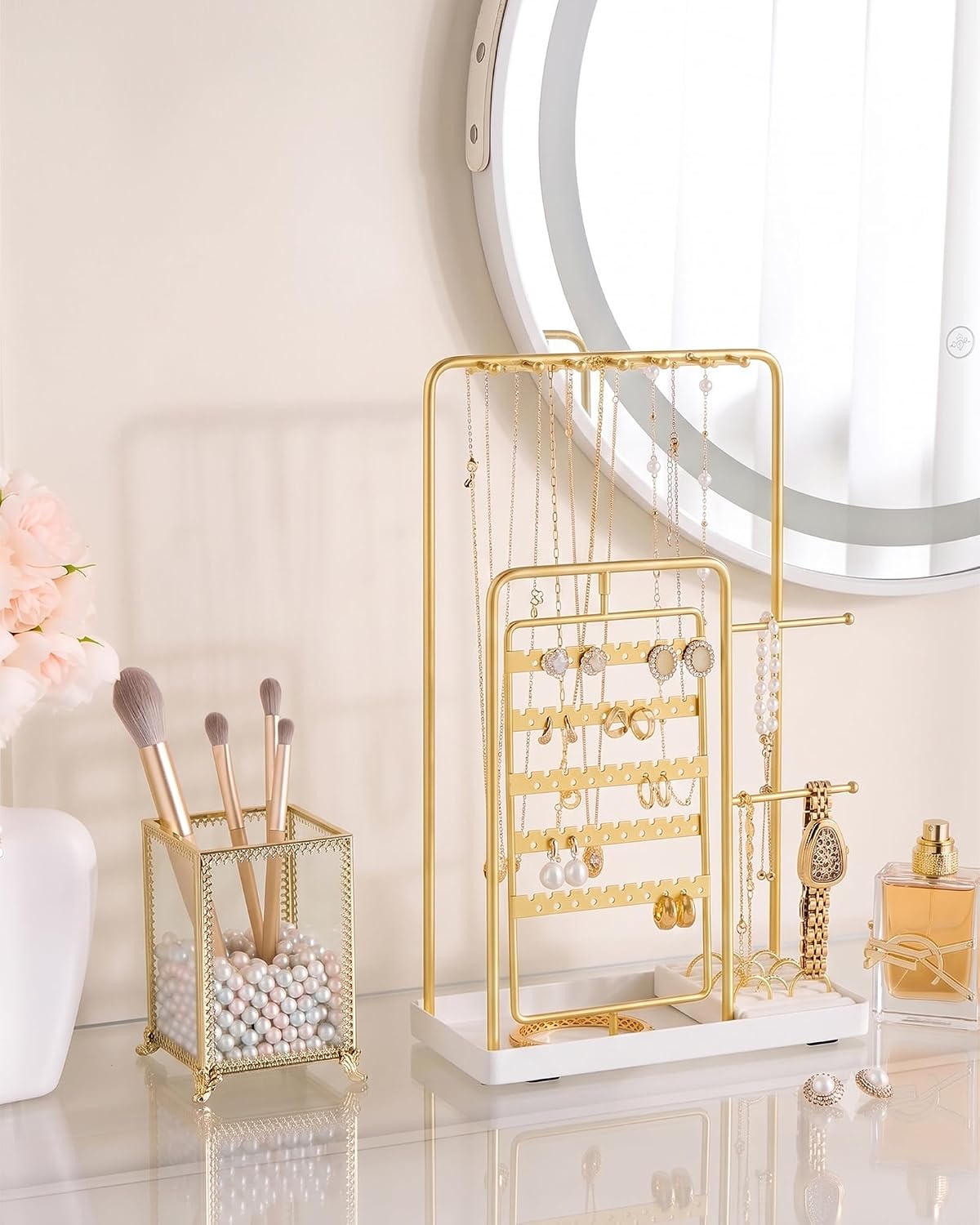 ProCase Jewelry Stand Holder Organizer and Storage, Gold | Rotating Earring Bracelet Holder Storage, Hanging Jewelry Display Velvet Ring Tray, Teen Girls Birthday Gifts Room Dorm Decor
