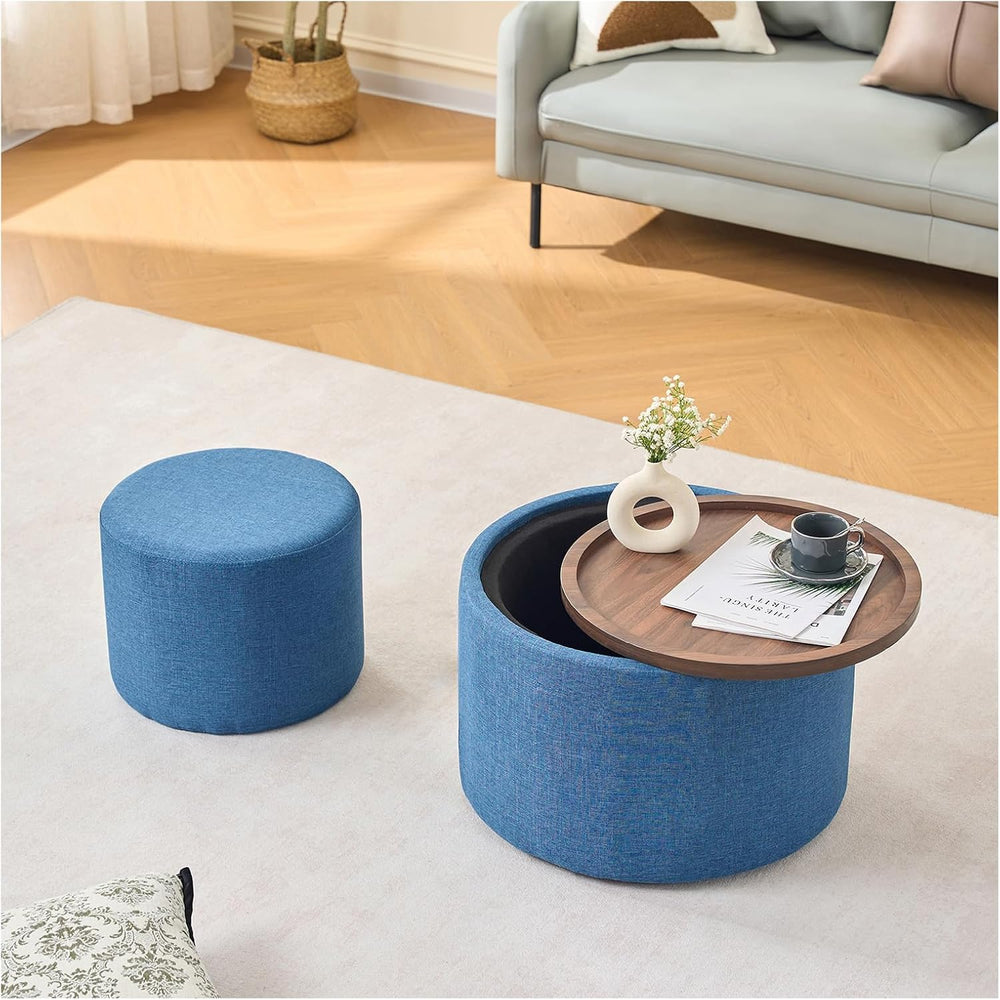 Nesting Storage Ottomans Set of 2, Round Coffee Table with Linen Upholstered ...