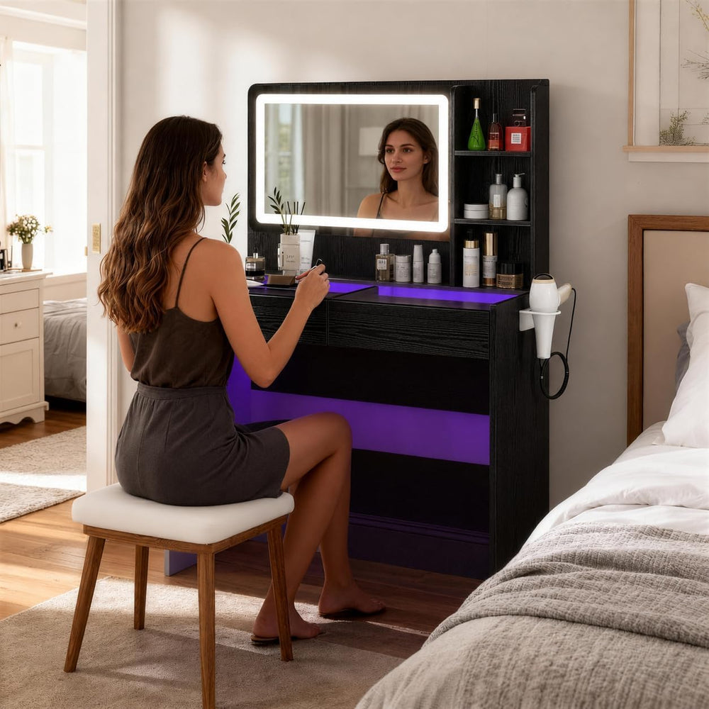 Makeup Vanity Desk with Smart LED Mirror & RGB Lights, Glass Top Peach Mo...