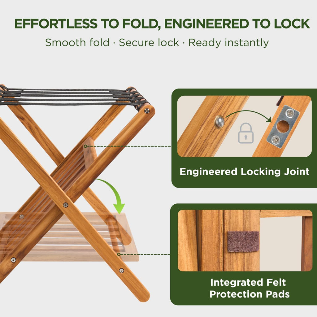 Set of 2 Premium Solid Teak Wood Luggage Racks with Shelf, 25" Foldable Suitcase Stands for Hotel, Airbnb & Resort | Heavy-Duty Hardwood Build, Holds 176 lbs Each, Reinforced Woven Straps