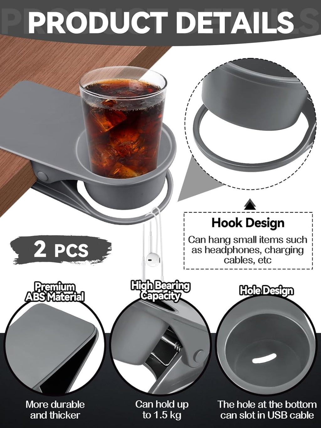 2PCS Drinking Cup Holder, Kalolary Desk Bottle Cup Stand DIY Glass Clamp Storage Saucer Clip Water Coffee Mug Holder Saucer Clip Design for Home & Office, Grey