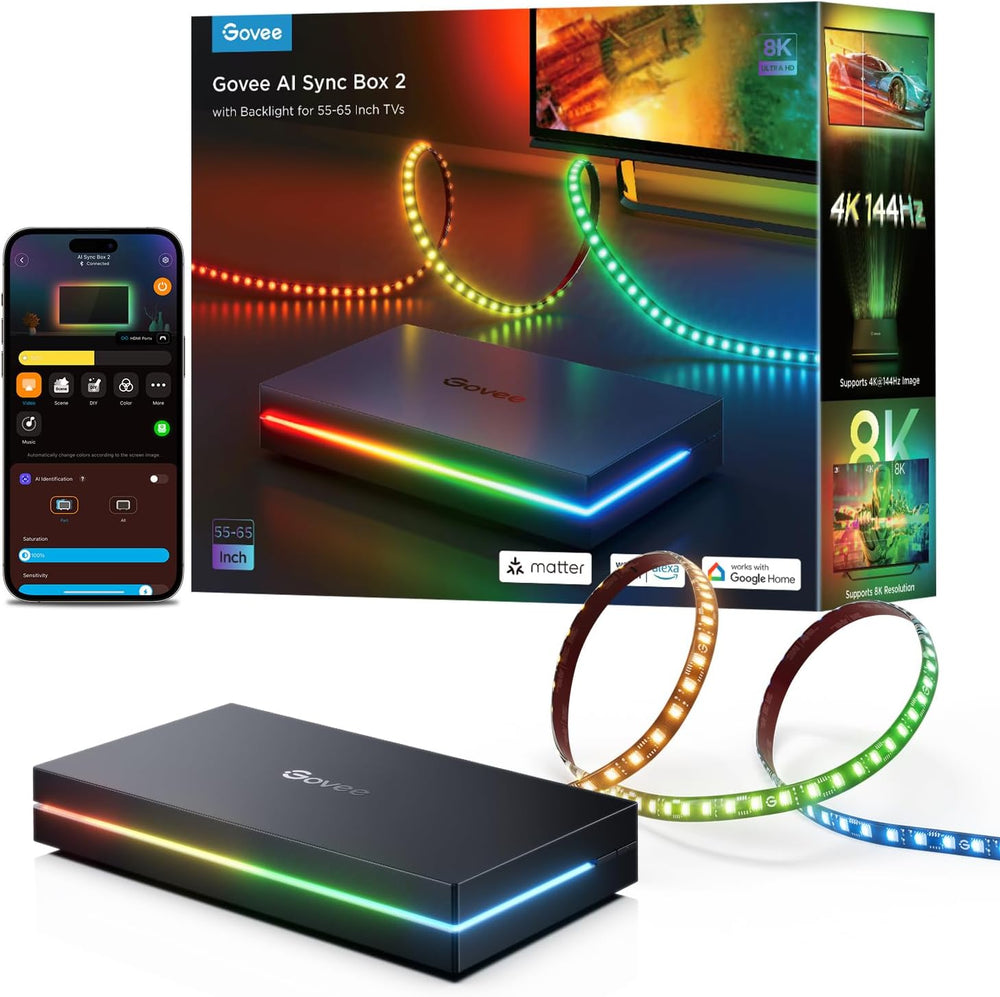 Govee HDMI 2.1 AI Sync Box 2, 8K/4K @144Hz, RGBWIC for 55-65 Inch TVs