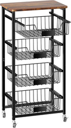 Fruit Basket, 5-Tier Utility Kitchen Organizer and Storage Cart with Pull-Out Baskets and Wood Top, Rolling Pantry Kitchen Cart on Wheels for Fruit Potato Onion Vegetable Snack Produce