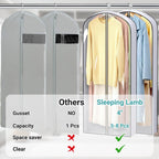 SLEEPING LAMB 60" Long Hanging Garment Bags for Closet Storage Gusseted Clear Dress Bag for Clothes, Gowns, Coats, Suits, 5 Packs