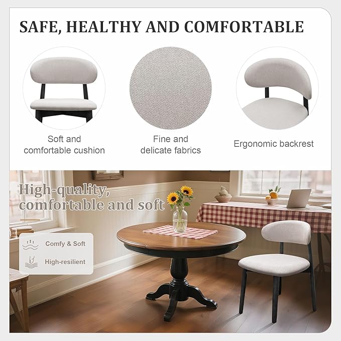 Farmhouse Dining Chairs Set of 8, Mid Century Modern Wooden Dining Room Chairs, Farmhouse Fabric Upholstered Kitchen Dinner Chairs for Living Room Restaurant Cafe, Black/Flax Gray