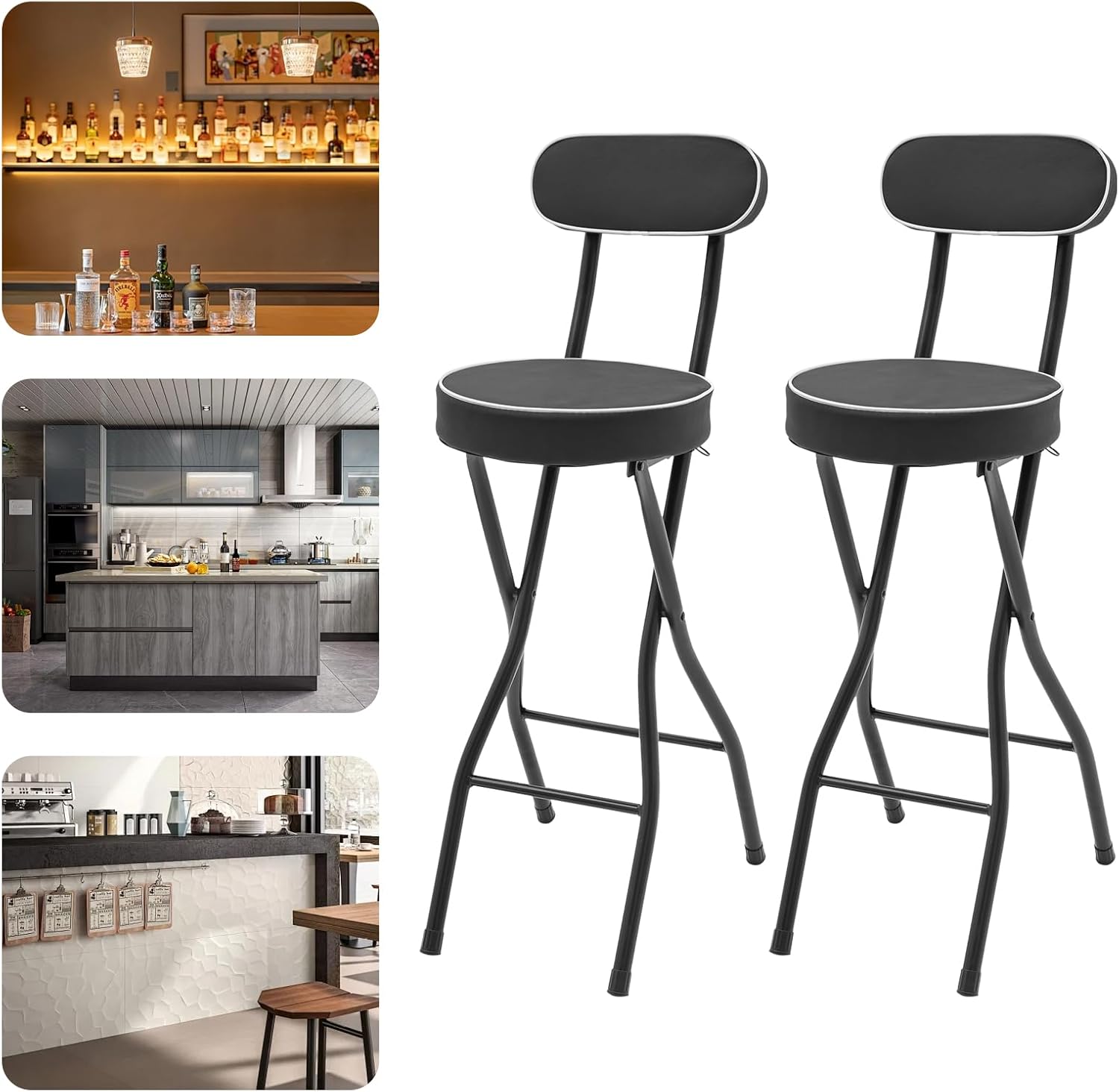 Counter Height Folding Bar Stools, 2PCS Tall Foldable Folding Bar Stool with Backrest and Pu Cushion, for Kitchen, Dining Room, Bar, Shop, Cafe, Garden, Camping, Bakery (Black)
