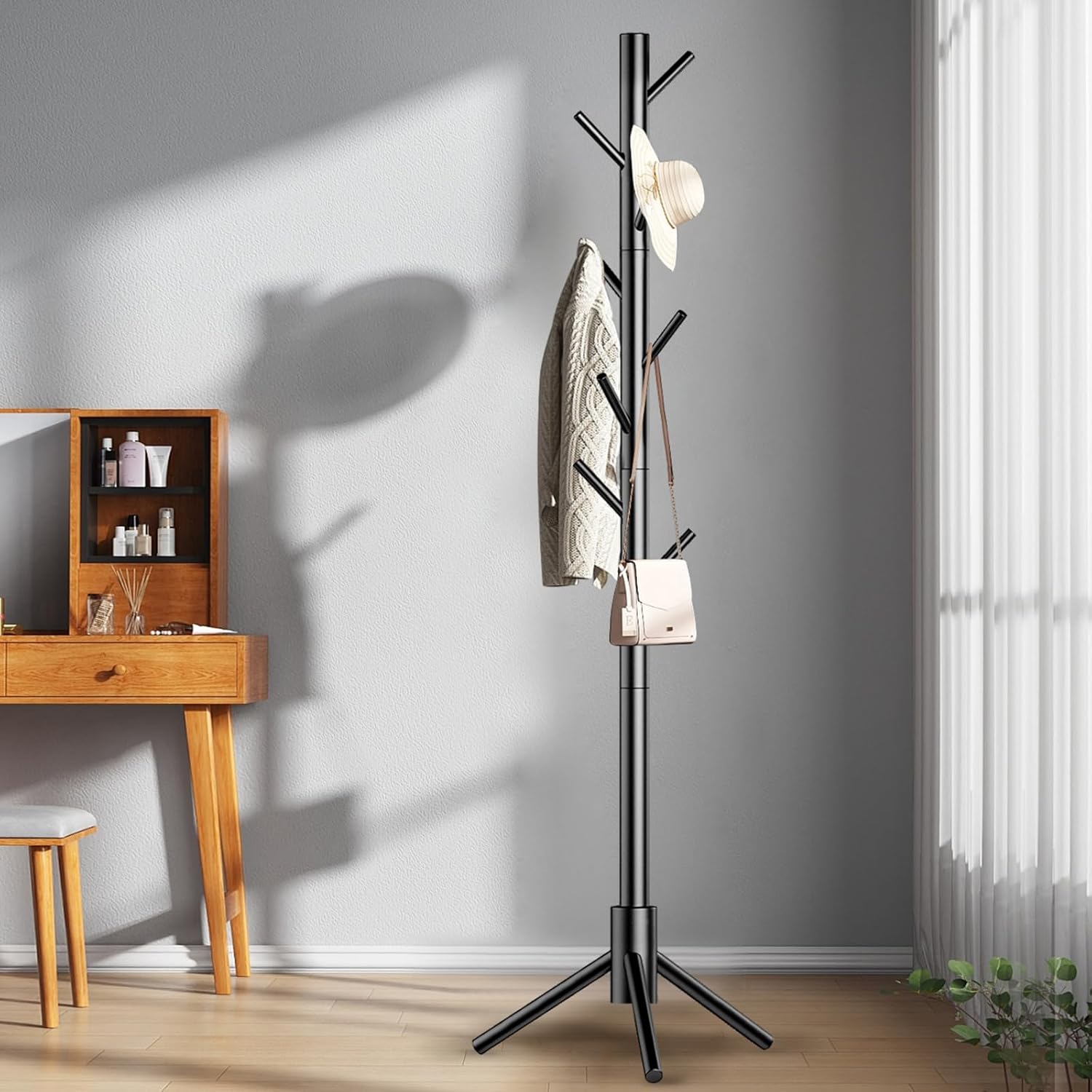 Aliphon Wooden Coat Rack Stand, Freestanding Coat Rack with 8 Hooks, 3 Adjustable Size Coat Tree for Hats, Coats, Scarves bags, Coat Hanger Stand Used in Bedroom/Office/Entryway (Black)